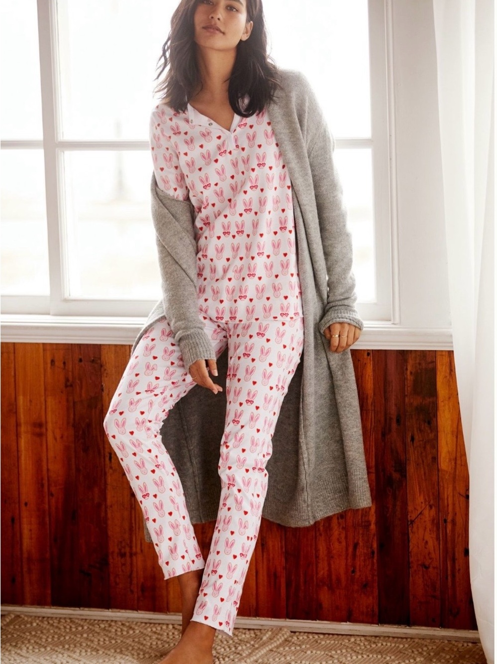 Roller Rabbit Lovestruck Pink Bunny-Print Long Pajama Set 100% Cotton